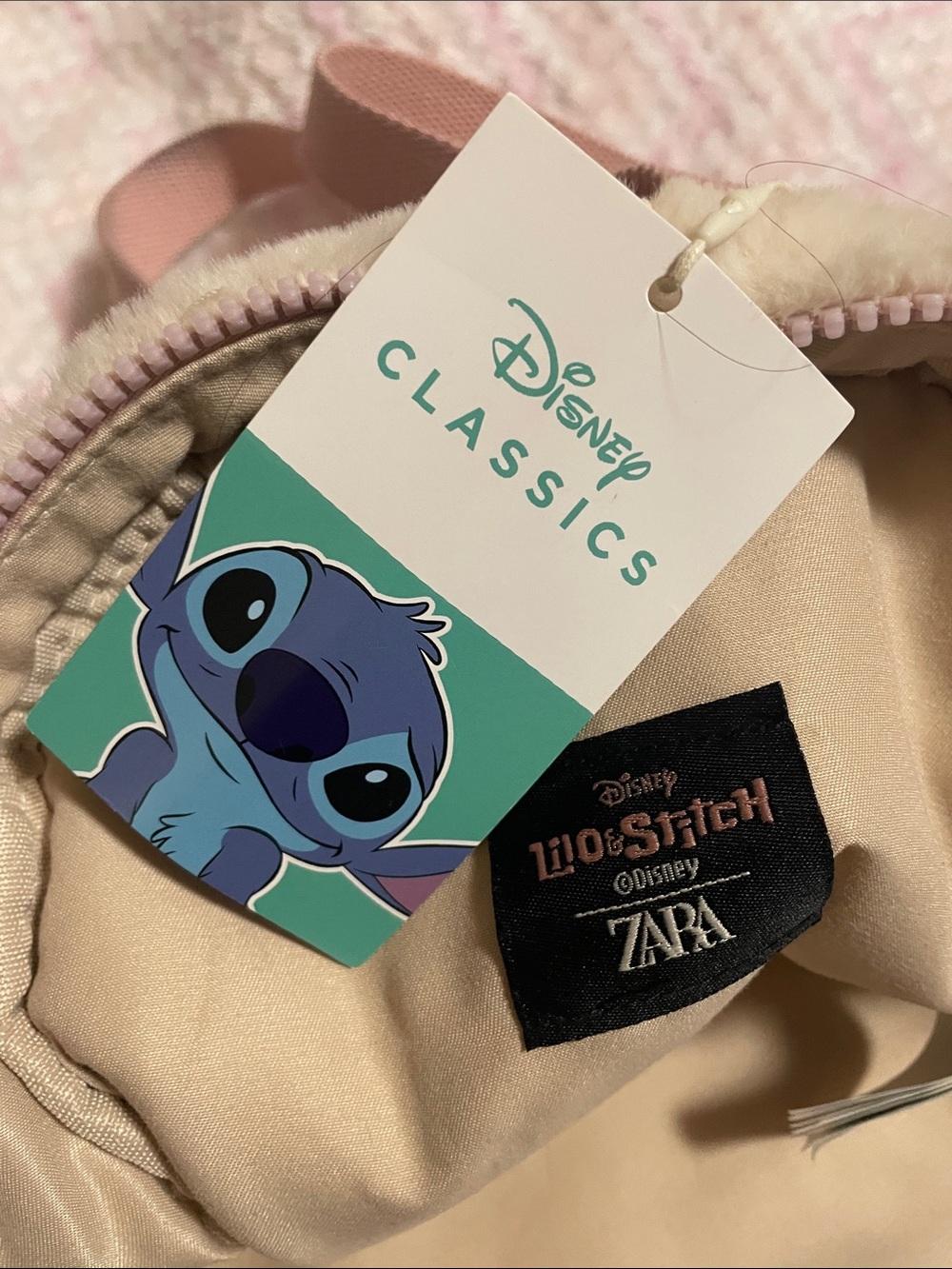Disney Lilo & Stitch Plush Mini Backpack in Beige and Pink with Glitter Front - Picture 2 of 3